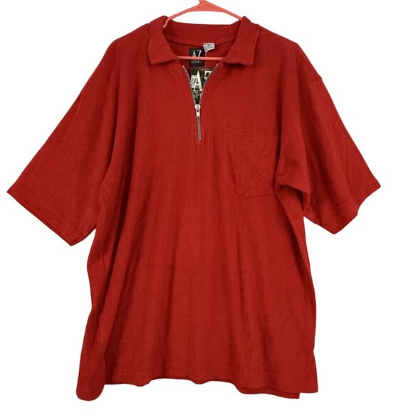 AZ Sport Pullover Shirt Mens Medium Red Terry Cloth Half Zip Pocket Short Sleeve - Picture 1 of 11